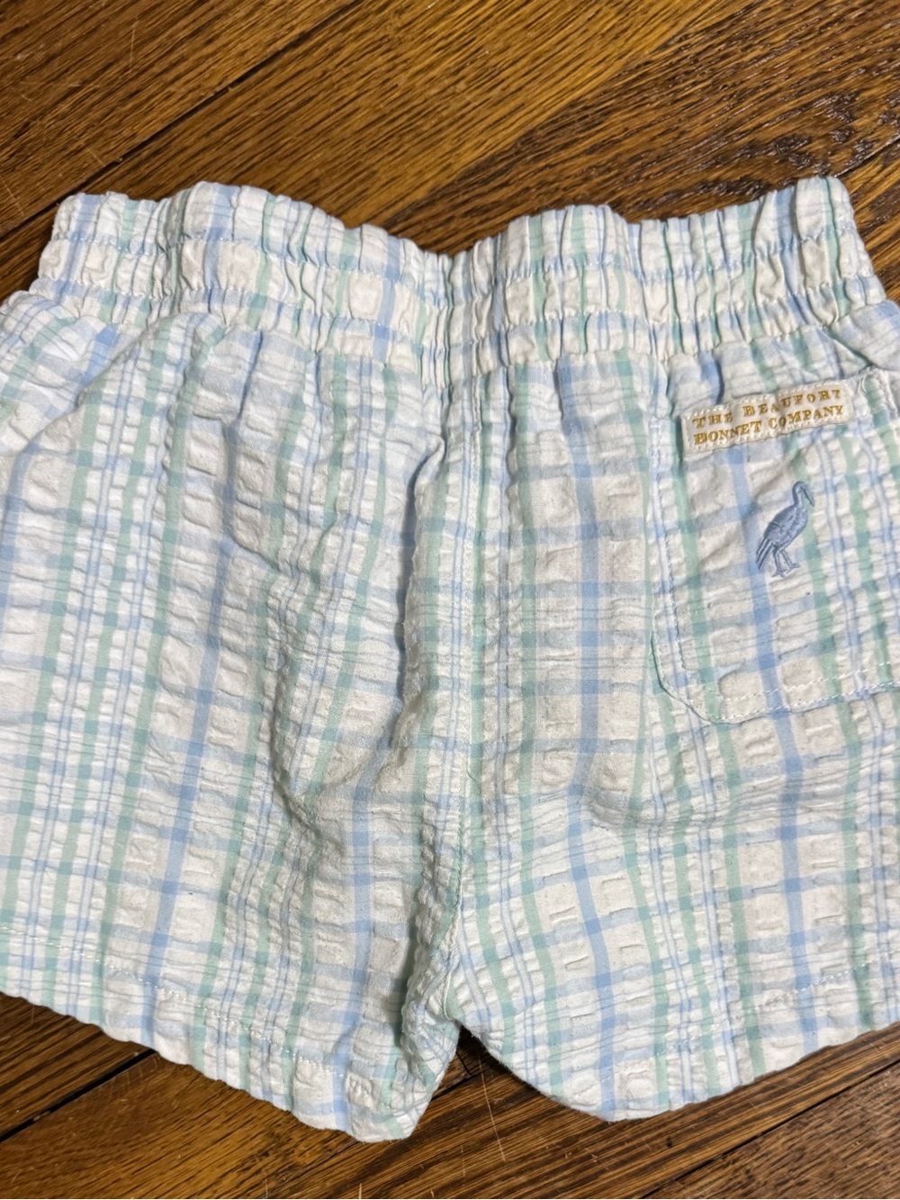 The Beaufort Bonnet Company Pastel Blue & Green Plaid Seersucker Kids Shorts